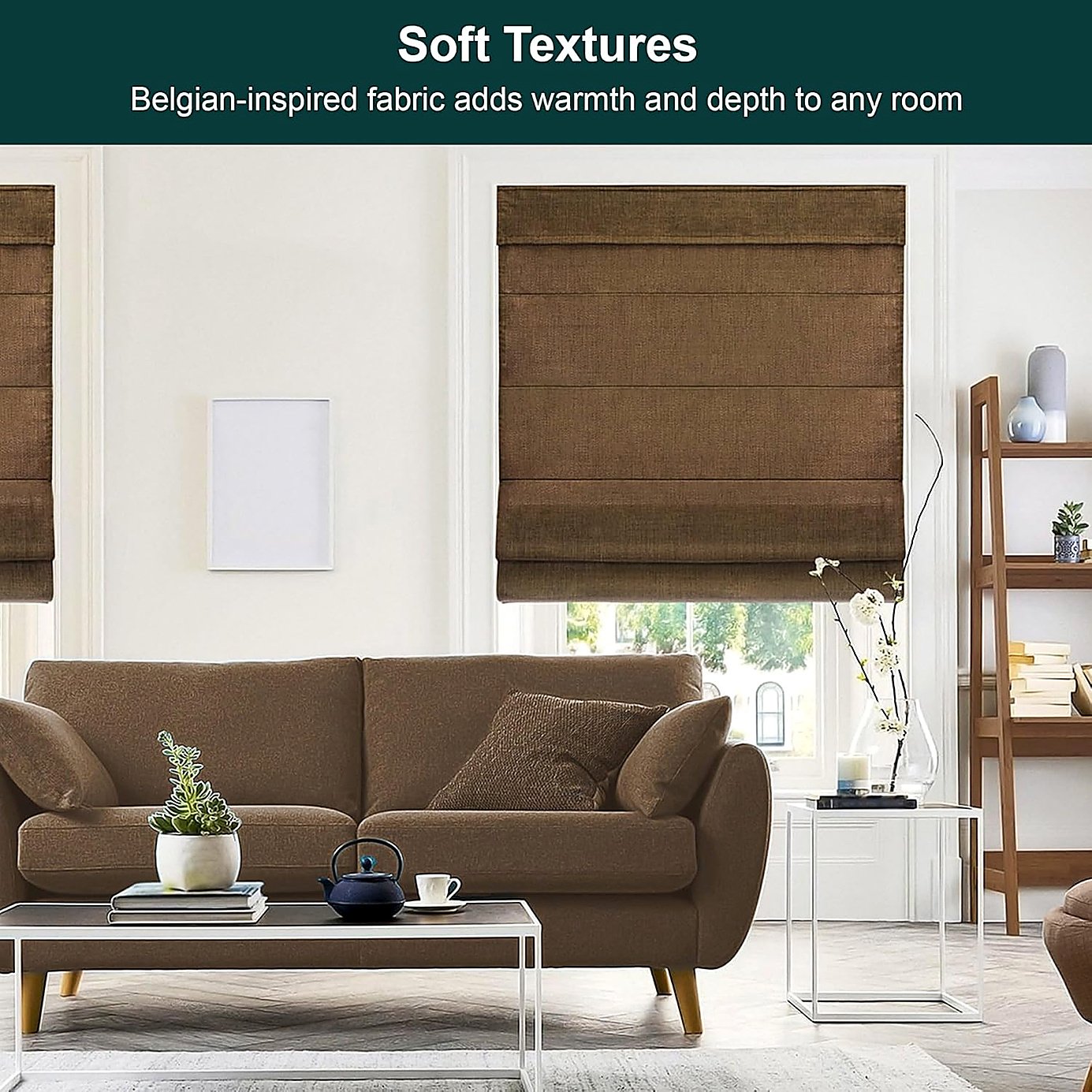 Chicology cordless Roman shade Belgian Chocolate installed in living room